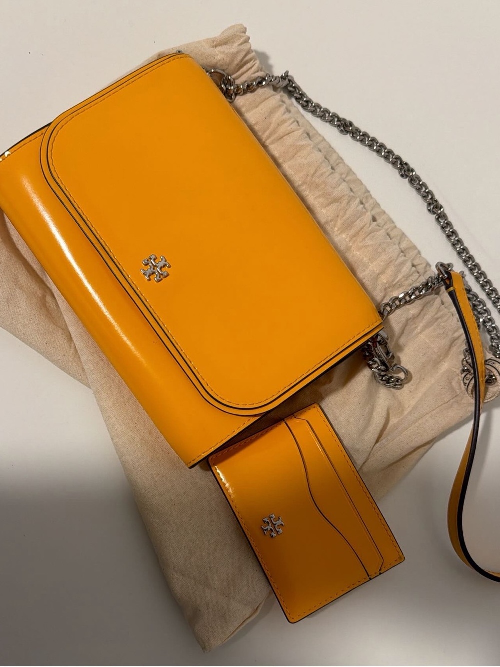 Tory Burch Bright Yellow Leather Chain Crossbody with Card Case